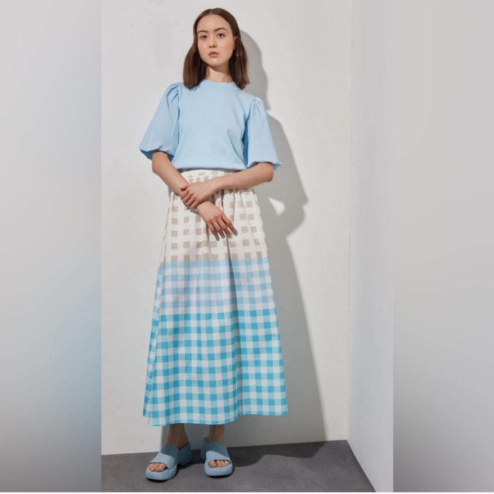 MING WANG Cotton Gingham Midi Maxi Skirt Plaid Checkered Pockets White S NWT